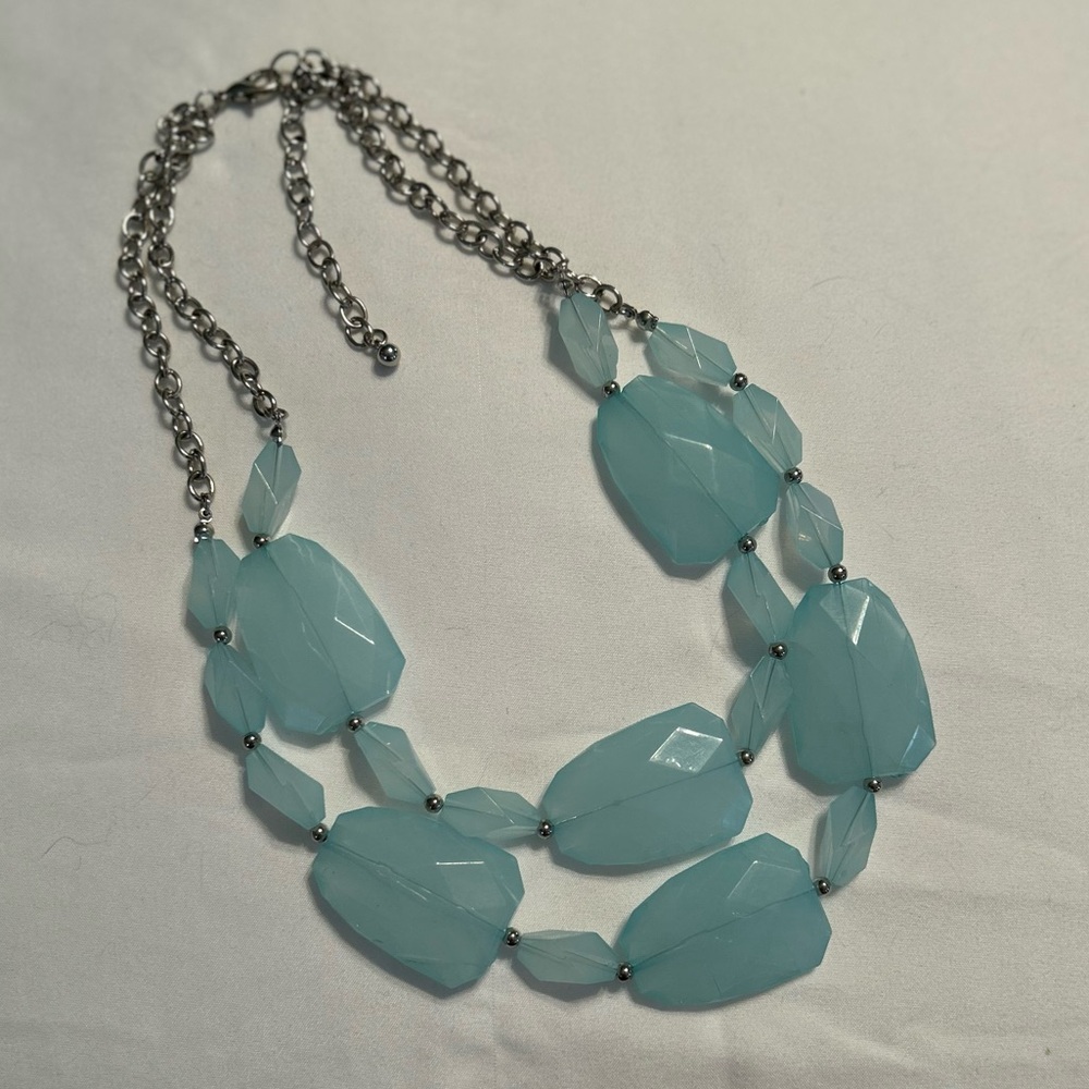 Blue Beaded Silver Two-Strand Necklace